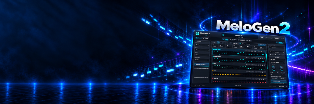 MeloGen 2 MIDI generator with blue neon notes on a full-width navy background
