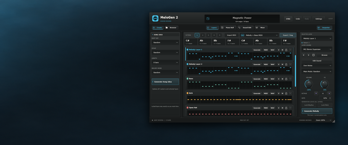 Real MeloGen 2 v1.0.3 plugin screenshot on a dark cyan background