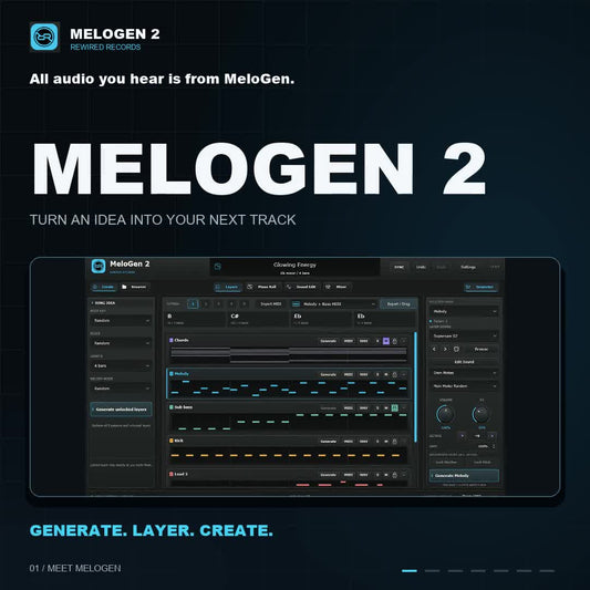 MeloGen 2 square feature promo — all audio from MeloGen, with the supplied song